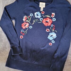 St. John's Bay Navy Sweater with Floral Embroidery